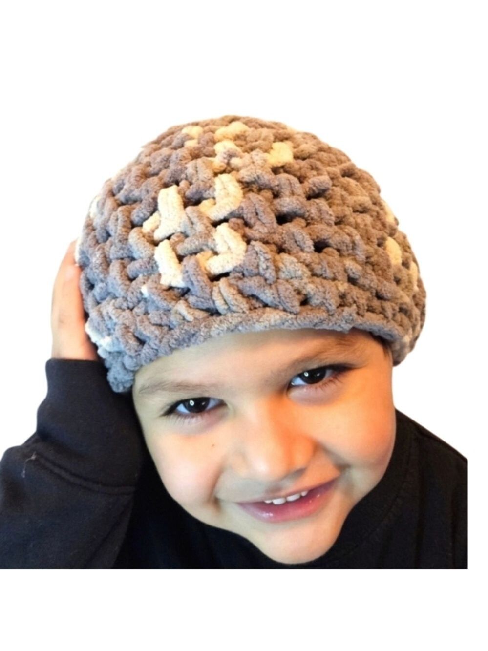 Hand Crafted Gray White Chunky Knit Beanie Baby Hat